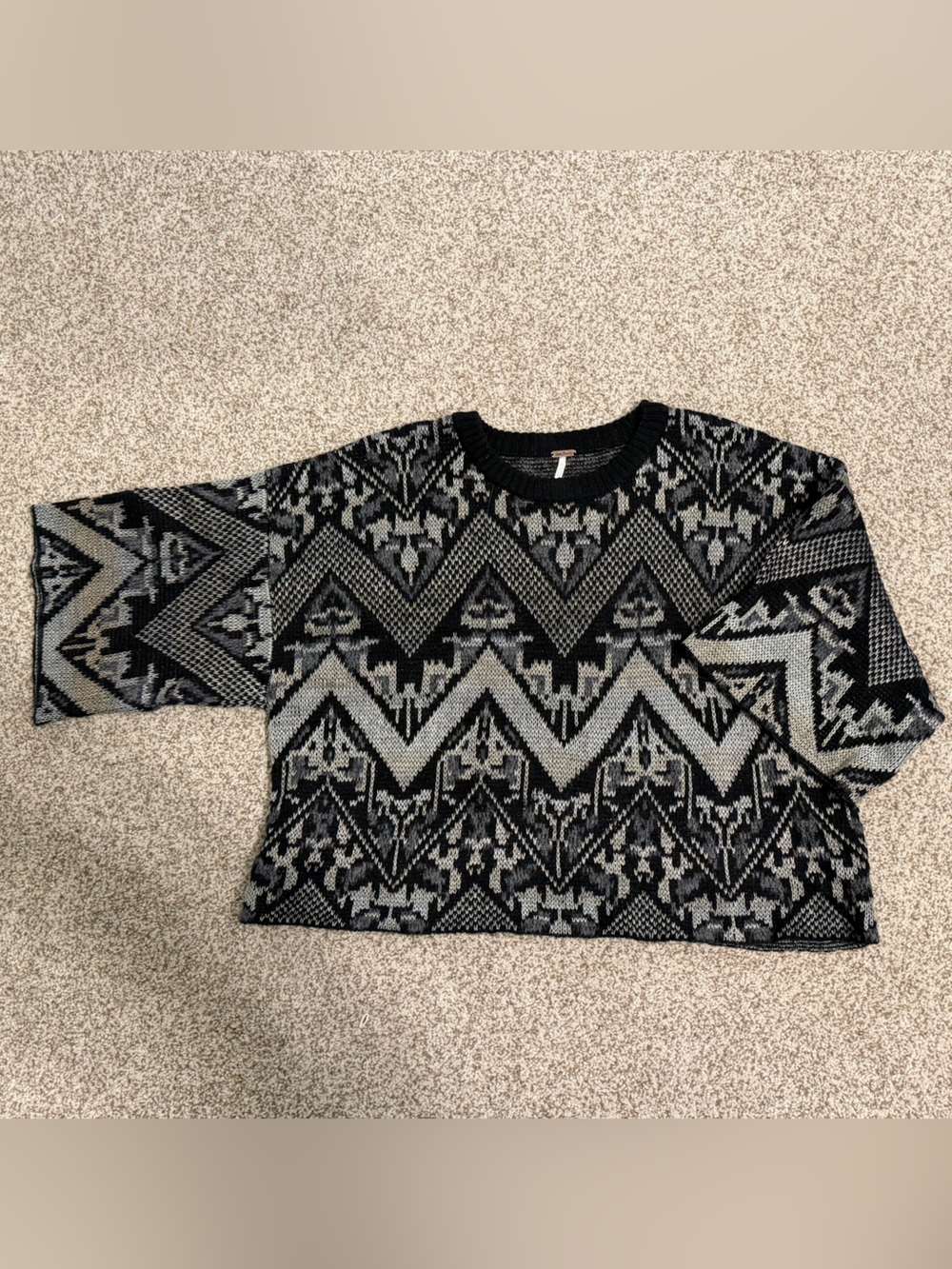 Free People Black and Charcoal Patterned Knit Pullover